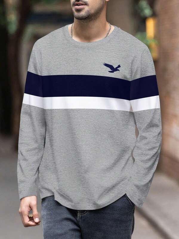 قميص كاجوال بأكمام طويلة للرجال بياقة مستديرة وألوان متباينة، خريفي جديد