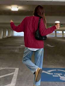 FOR BEAUTY Autumn/Winter New Round Neck Twist Floral Long Sleeve Knit Sweater, Women's Loose Fit Burgundy Minimalist Chic Commuting Style Pullover, Burgundy Long Sleeve Casual Relaxed Fit Warm Top, New Year - Burgundy - View 3