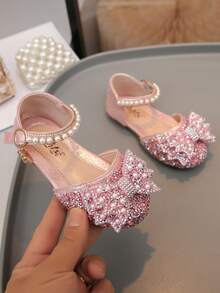 1 Pair Girls' Pink Crystal Shoes, New Spring/Autumn Children Princess Shoes, Soft Bottom Flower Girl Shoes, Glitter Performance/Runway Shoes - Pink - View 5