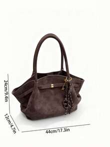 Dedoo 1pc FEISTURE Faux Suede Tote Bag (With Decorative Accessories), Large Capacity Solid Color Mature Elegant Ladies Handbag, Vintage Style Commuter Bag Suitable For Girls, Women, College Students, And Working Professionals - Coffee - View 7