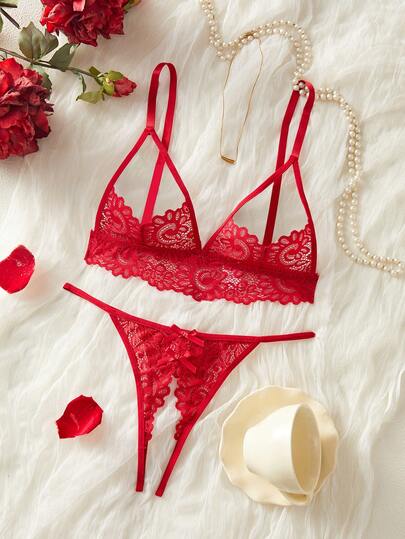 性感蕾丝文胸内裤套装，蝴蝶结装饰，轻盈诱人无钢圈内衣套装