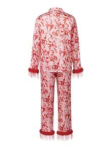 Women Feather Trim Silk Satin Pajama Set Christmas Button Down Shirts And Pants Outfit Sleepwear Loungewear - 紅色2 - 查看 4