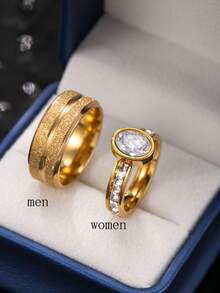 2pcs Fashionable & Elegant Stainless Steel Gold Couple Rings, Matte Finish For Men, Rhinestone Decor For Women, Suitable For Daily Wear, Festivals, Dates, Engagements, Weddings, Gift (Comes With Gift Box)