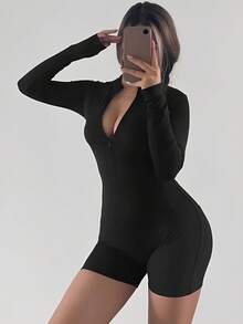 Mono casual de mujer con cremallera frontal, manga larga y cuello alto en unicolor - Negro - Ver 10