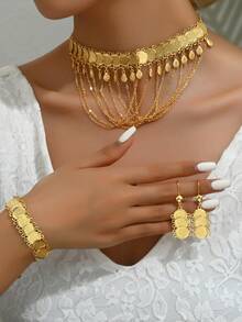 Bộ 4 món trang sức dự tiệc tối giản, thanh lịch, vòng cổ tua rua cá nhân hóa thời trang, mặt dây chuyền hình đồng xu, hoa tai phong cách cổ điển, vòng tay cho nữ - A - Xem 4