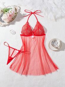 2pcs Women Sexy Lingerie Set, Includes Sheer Mesh Lace Sleepwear Nightgown And Thong Panty - Red - View 14