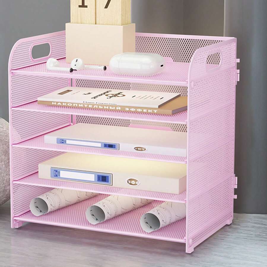 1pc Organizador de papel de 5 bandejas con asa - Organizador de archivos/cartas de escritorio en rejilla, clasificador de papel rosa para oficina, hogar o escuela,Caja de Almacenamiento para Suministros de Oficina - Rosa - Ver 1