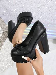 2026新款欧美风粗跟高跟鞋，黑色性感时尚圆头蝴蝶结高跟女鞋，春季款 - 黑色 - 查看 4