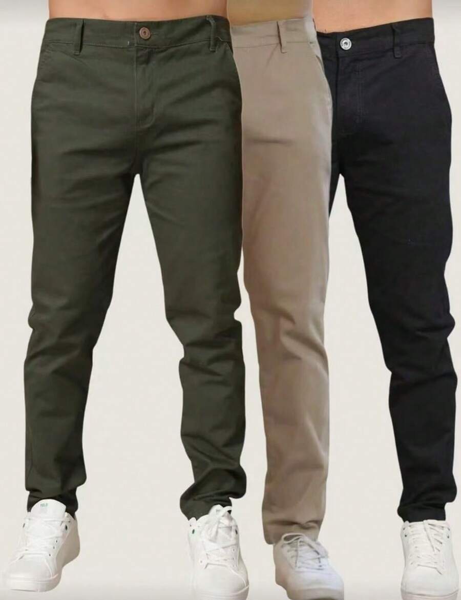 Set Of 3 Men's Ribbed Knit Trousers With Buttons And Pockets. Slightly Stretchy Fabric For Greater Comfort And Style. - Verde Militar-Caqui-preto - Xem 1