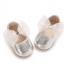 Baby Girl PU Dress Flats Soft Soles Dot Print Mesh Bow Mary Jane Shoes Casual Walking Shoes For Newborn Toddler - Bạc - Xem 7