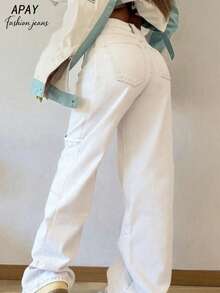 Women's Mid-Rise Straight-Leg White Patchwork Casual Cargo Jeans - Suitable For Daily Commute And Streetwear Spring - White - View 8