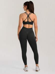 Yefecy 女士提臀紧身裤，高强度无缝运动紧身裤，高腰收腹瑜伽裤 - 黑色 - 查看 4