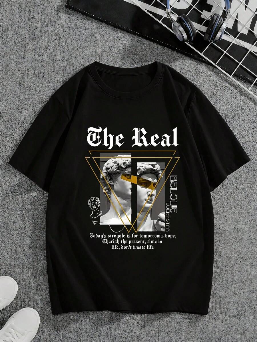 Camiseta impresa con estatua de yeso gris de moda masculina, blusa con patrón estructural de diseño de letras sueltas, tela transpirable, ropa cómoda para salir de la calle todos los días en verano - Negro - Ver 1