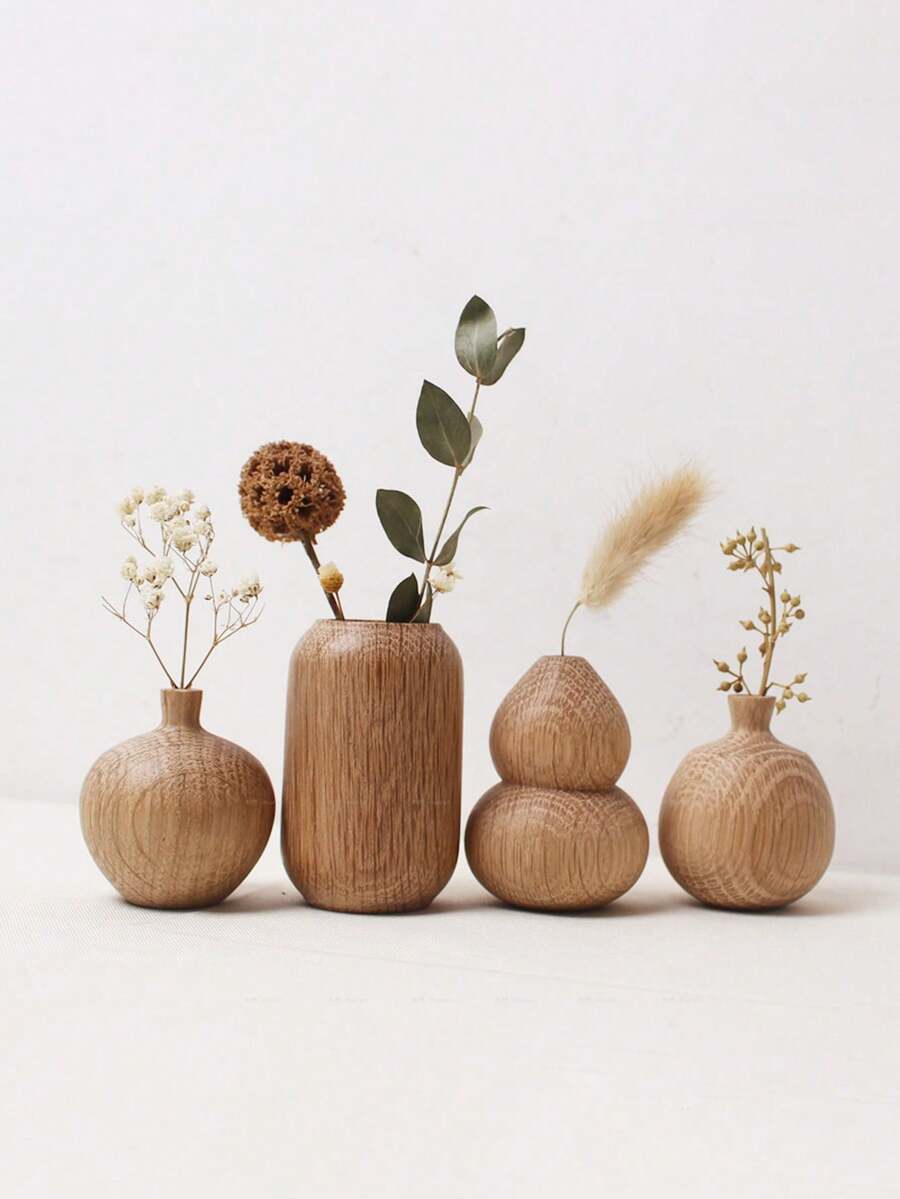 1pc Japanese Minimalist Wooden Vase, Suitable For Home Living Room, Office Desk Decor, Art Flower Vase Decoration, Desktop Decor, Retro Solid Wood Home Decor, Small Vase Home Decor, Wooden Product, New Chinese Style Floral Arrangement Tool, Wooden Small Vase Home Decor - log color - View 1