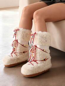 Faux Fur Snow Boots For Women Fuzzy Fluffy Furry Lace Up Mid Calf Boots Winter Warm Fur Boots For Christmas - 白色3 - 查看 3
