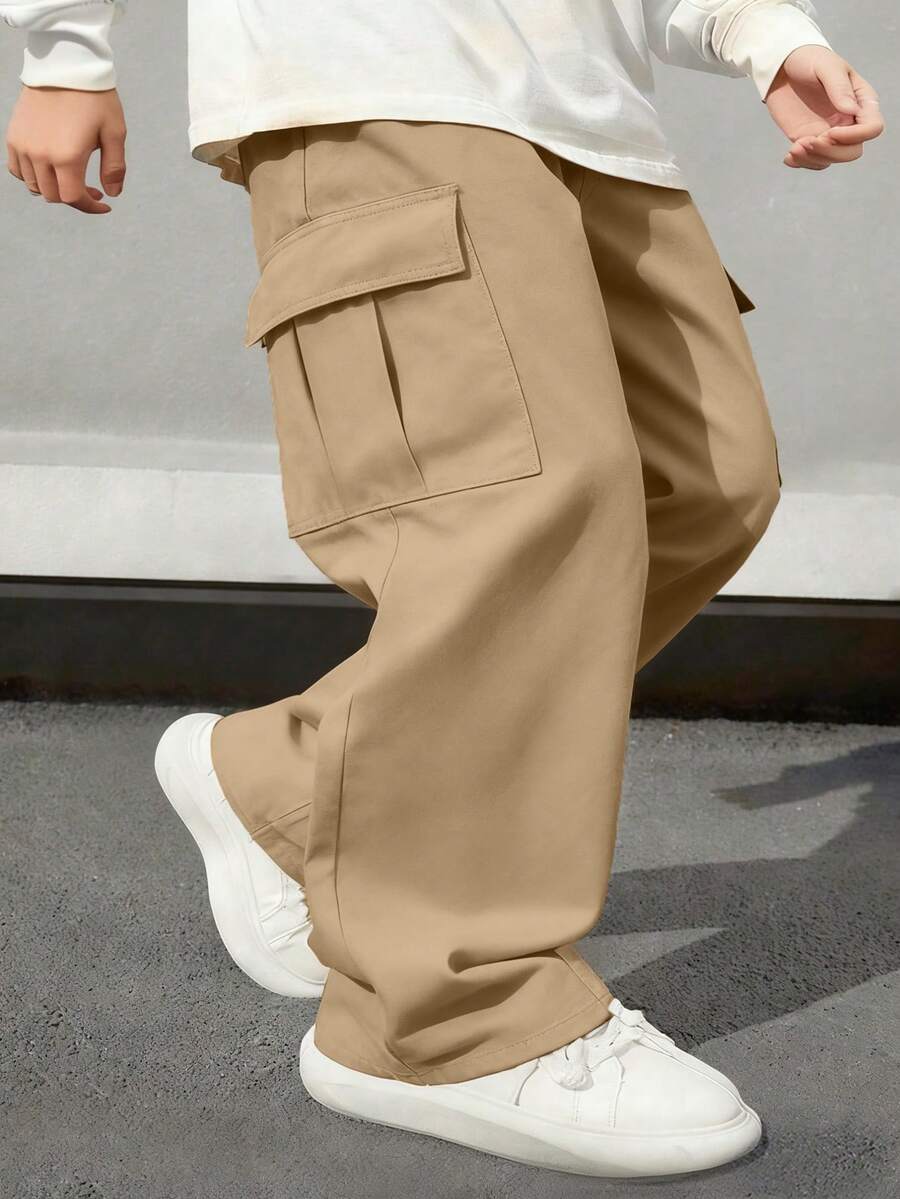 1pc Young BoyAll-Match Solid Color Comfortable Simple Versatile Cargo Pants - Khaki - View 1