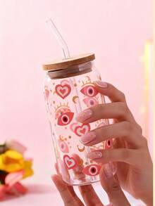 1pc 16oz Transparent Coffee Cup, Made Of High Borosilicate Glass With Cartoon Star, Moon, Heart, Angel Eye Design, Comes With Bamboo Lid And Straw, Large Capacity Outdoor Travel Beverage/Juice Cup, Suitable For Autumn And Winter, Valentine's Day Birthday/Holiday Party Gift, Christmas Gift Glass Water Bottle