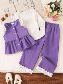 3 Stücke/Set Mädchen Langarm T-Shirt in Unifarbe, Strickjacke mit Blumenmuster und Hose, Frühling/Herbst