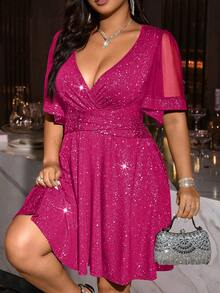 大码V领收腰优雅针织连衣裙，带金属光泽，弹力面料，适合春假穿着 - 玫紅色 - 查看 5