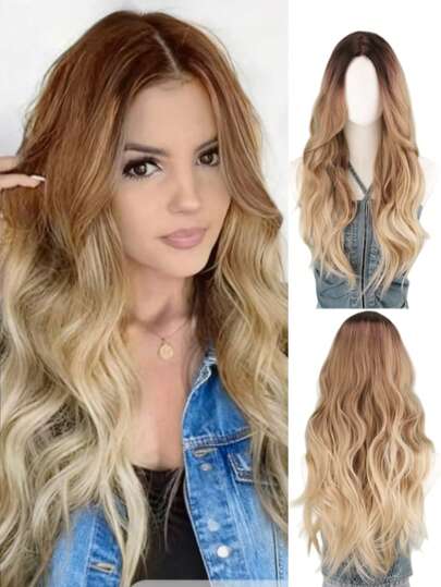 28 Inch Long Wavy Wig, Ombre Golden Wig With Dark Roots, Natural Curly Heat Resistant Synthetic Fiber Wig, Suitable For Women's Daily, Party, Travel, Halloween, Christmas, New Year Carnival, Music Festival Cosplay