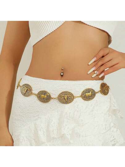 Bohemian Style White Horse Waist Chain, Versatile For Casual Dress, Jeans, Adjustable Metal Waist Decor