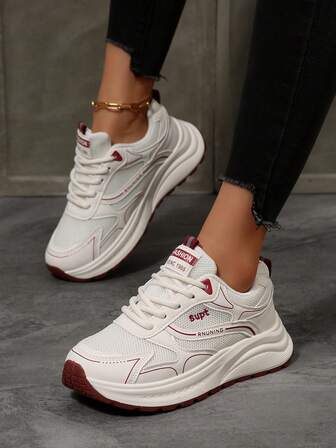 Women's Lace-Up Soft Bottom Comfortable Fashion Versatile Mesh Casual Sports Shoes, Outdoor Breathable Student Sneakers, Gump Shoes