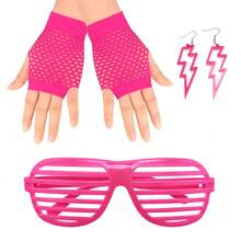 1 Set 70s/80s Bohemian Style Neon Color Accessories Set, Including Hollow Lightning Earrings, Hollow Eye Decor, Fishnet Gloves, Suitable For Christmas, Carnival, Parties, Gatherings, Interesting Gift Idea