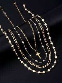 4件套时尚简约优雅十字架和仿珍珠Y字项链叠戴套装，适合度假、约会、派对、舞会、节日、生日礼物、日常佩戴 - 金黃色 - 查看 6