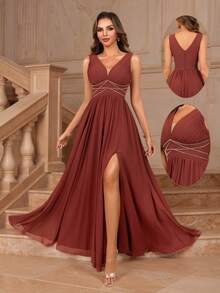 MOEVIO 优雅性感深 V 领雪纺褶饰串珠腰饰露背长款正式婚礼宾客伴娘毕业返校派对礼服，秋季万圣节生日圣诞节新年女士连衣裙 - 玫瑰紅 - 查看 10