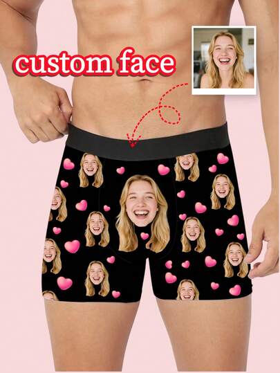 1pc Customized Men's Briefs - Personalized Face & Pastel Heart Pattern, Customized Men's Underwear | Top Valentine's Day/Anniversary Gift, Ideal Boyfriend Gift, Customizable Item, Men's Briefs, Men's Gift, Christmas Gift, Adult Christmas Stocking Stuffer, High-Quality Versatile Gift For Boyfriend