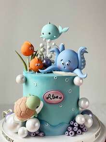 Ocean World Theme Cake Topper, Octopus, Whale, Manta Ray, Bobo Fish, Sea Turtle, Coral Soft Plastic Ornaments, Ocean Theme Cake Decoration, Suitable For Birthday Party, Baptism, Gender Reveal Party Cake Decoration, Table Decoration, Reusable(Do Not Touch The Cake Directly; Use It With A Tray.) - Multicolor - View 2