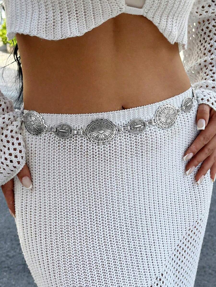 1pc Women's Fashion Metal Body Chain Belt, Vintage Bohemian , Matching Dresses And Suits,, Suitable For Women's Parties, Gatherings, Daily Wear, Music Festival, And Gifts - 銀色 - 查看 1