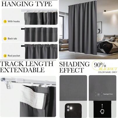 Sliding Door Curtain With Adjustable Ceiling Track W100 Room Divider Curtain For Living Room/Office/Hospital Privacy No Light Leakage Drape Easy Installation 1 Panel W100 XL96 Grey