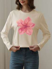 1 szt. dziewczęca luźna koszulka z nadrukiem kwiatowym, okrągłym dekoltem i długim rękawem, jesienna odzież dla studentów i młodzieży - przyciągająca wzrok koszulka z nadrukiem kwiatowym