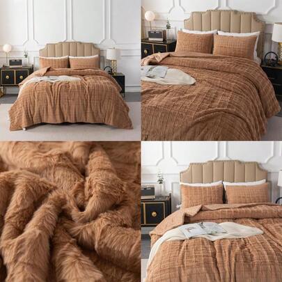 Faux Rabbit Fur Comforter Set Ultra Soft Fluffy Bedding Comforter Set Luxury Rec Pattern Plush Fuzzy 3 Pieces Bed Set 1Comforter+2 Pillowcases (Full Size Camel)