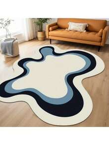 1pc Artistic Wave Carpet, Large Area Living Room Carpet, Creative Blue & White Color, Soft & Fluffy Bedroom Decor Carpet, Fashionable Lounge Carpet, Asymmetrical Shape, Anti-Slip Mat For Closet, Study, Office - Navy Blue - View 2