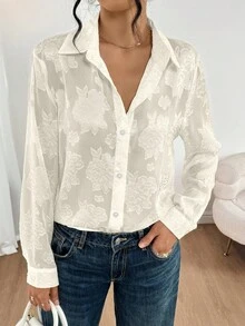 女士优雅休闲度假风长袖单排扣口袋薄纱衬衫 - 杏色 - 查看 7