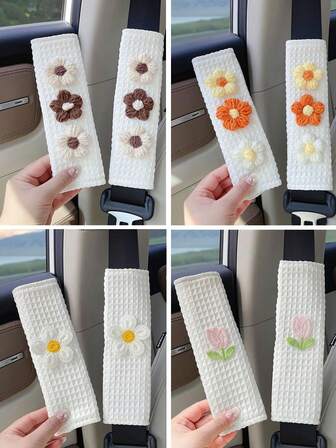 1对可爱郁金香花卉图案汽车安全带套，舒适肩垫，四季皆宜