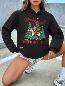 Women Hooded Drawstring Sweatshirt Rockin Around The Christmas Tree Horse Rider Print Holiday Christmas Party Outfit - Black - View 2