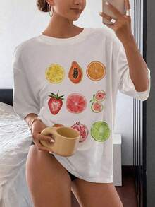 1 Pcs Women's Fruit Graphic T-Shirt, Short-Sleeved Round Neck T-Shirt, Top For Spring/Summer, Birthday Gift, 180g 100% Cotton, The Patterns Are All Printed. Unisex. - Trắng - Xem 5