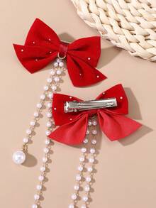 1件装女士时尚优雅红色水晶蝴蝶结仿珍珠链条蝴蝶发夹，适合日常佩戴、新年、情人节、派对、聚会、外出、头部装饰、女士发饰、发夹 - 紅色 - 查看 6