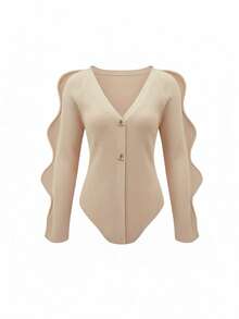 Women's New Black V-Neck Asymmetrical Metal Button Wavy Long Sleeve Asymmetric Hem Striped Textured Sexy Casual Office Knit Sweater, Autumn/Winter - Apricot - View 8