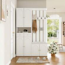 Wardrobe Set, Wall-Mounted Wardrobe; Wardrobe Set With Shoe Bench And Shoe Rack, 8 Hooks, 4 Doors, 1 Drawer, White Hallway Furniture 125*36*190cm (W*H*D) - White2 - View 5