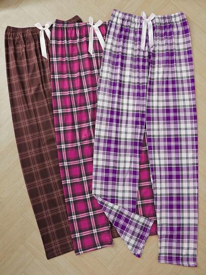 3pcs Women's Casual Fashion Red Plaid Print Bow Decor Pajama Pants