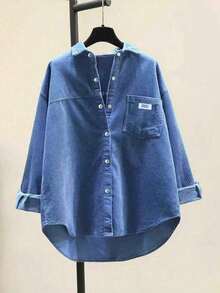 Plus Size Corduroy Long Sleeve Shirt, Loose Shirt Style Jacket Women, Solid Color Drop Shoulder Long Sleeve, Casual Commute Street Style Top - Blue - View 3