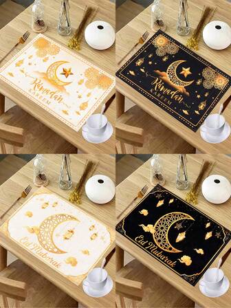 1/4-pack Ramadan Kareem bordsunderlägg, vitgulda Eid Mubarak-lykta med månstjärnmönster i linne, svartgulda Ramadan Mubarak-bordsdekorationer, tvättbara matsalsunderlägg i linne för hemmet, matsal och kök, Eid Al-Fitr Ramadan-dekorationer för hemmet