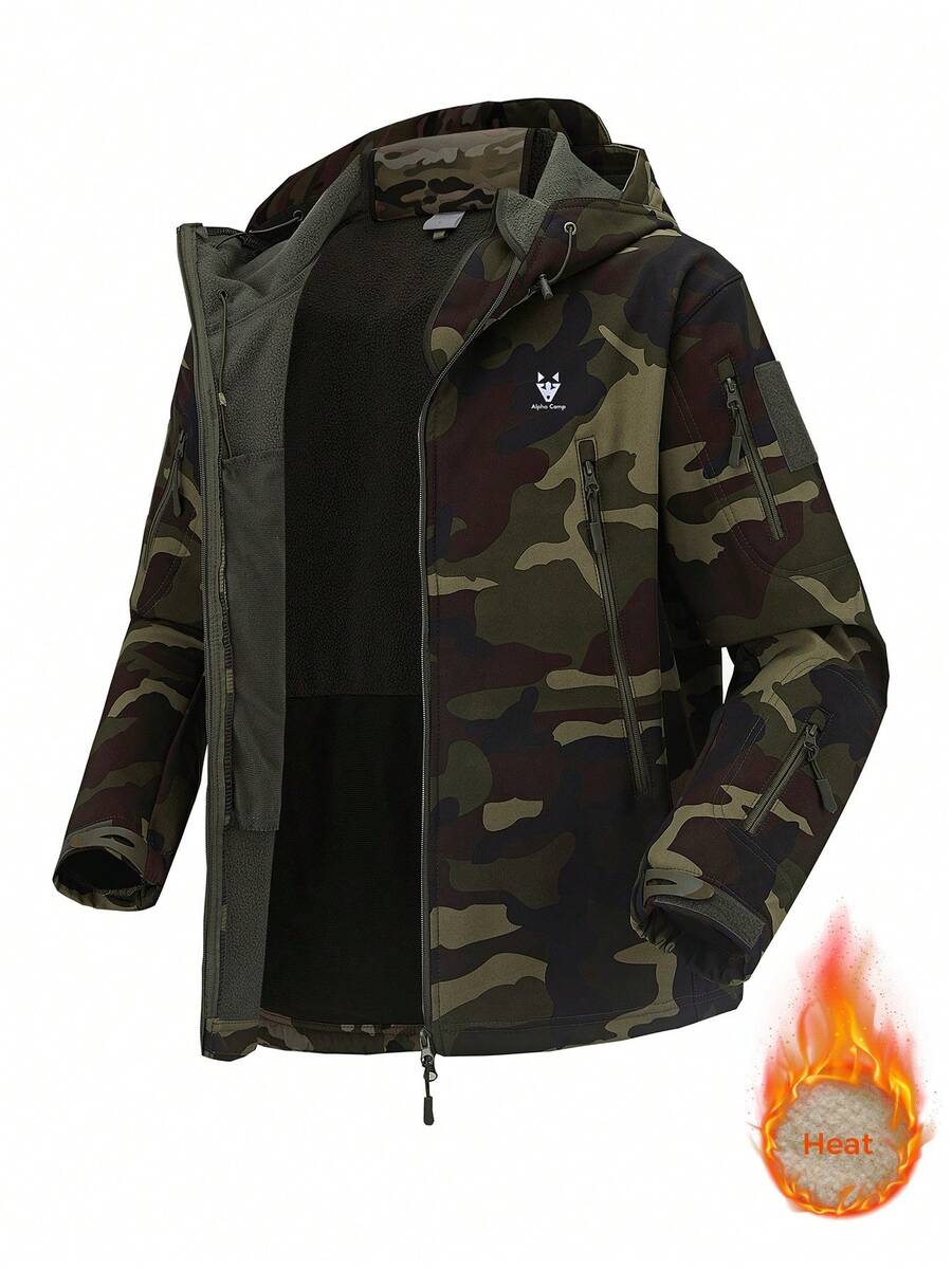 Men's Softshell Camouflage Hooded Fleece Jacket, Waterproof Windproof Warm Outdoor Coat, Winter