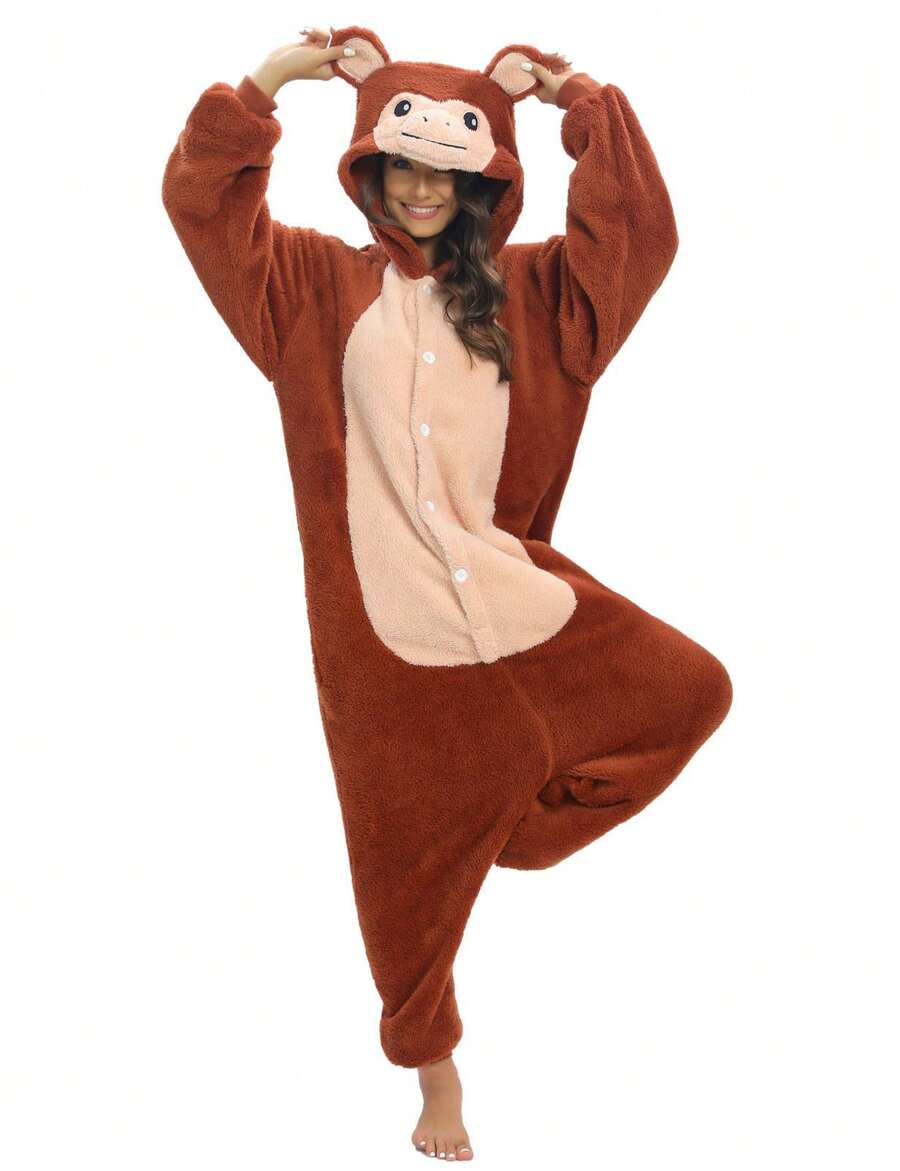 Cute Unisex Fleece Adult Monkey Costume Pajamas, Button Plush Animal One Piece Sleepwear Loungewear - Monkey - 查看 1
