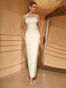 Love Aing Đầm dạ hội màu mơ dành cho nữ, kiểu dáng thanh lịch, sang trọng, được làm thủ công, đính ngọc trai và đá quý, cổ yếm, thích hợp cho dịp năm mới, đám cưới, các sự kiện trang trọng, tiệc tùng, sự kiện kinh doanh mùa xuân. - Màu be - Xem 3