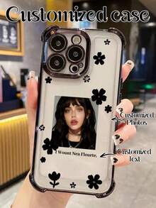 Customizable 4-Corner Anti-Drop Phone Case With Personalized Photo, Text, Floral Design, Compatible With Apple 17, 16, 15, 14, 13, 12, 11 Pro Max Mini X XS XR 6 7 8 Plus, Galaxy S25 Ultra, S24 FE, S23+, Suitable As Surprise Gift For Family, Friends, Lover On Halloween, Mother's Day, Anniversary, Birthday, Christmas, Father's Day, Easter, Valentine's Day - Black - View 2